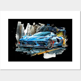 Blue C8 Corvette Street Scene supercar race car muscle car sportscar Corvette C8 Posters and Art